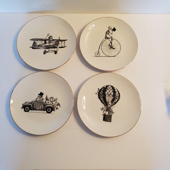 Halloween Eaton Fine Dining 4 pc Appetizer Plates Bone Voyage White Black New - Picture 15 of 15